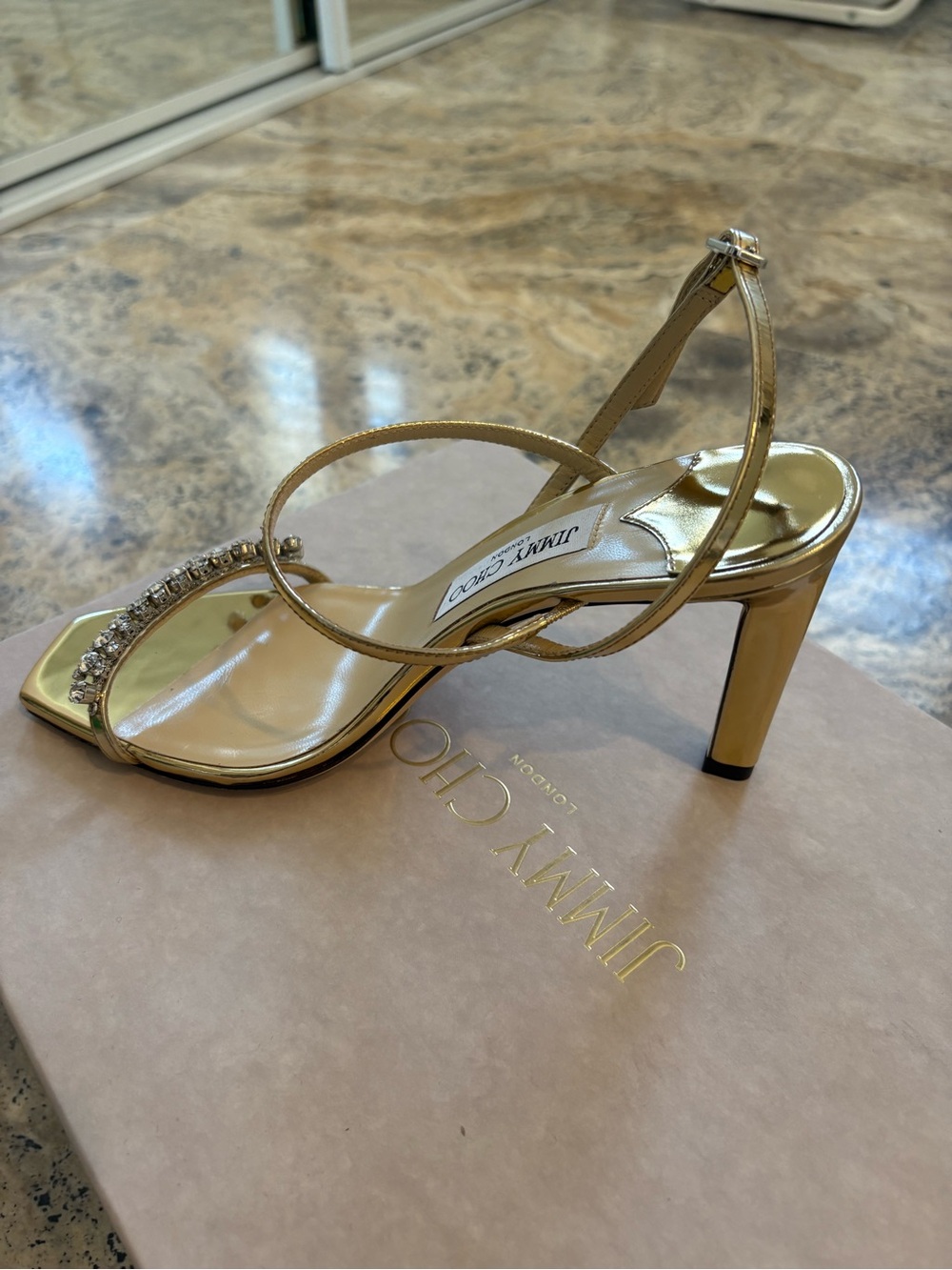 Jimmy Choo Gold Crystal Toe-Strap Slingback Heel- Brand New
